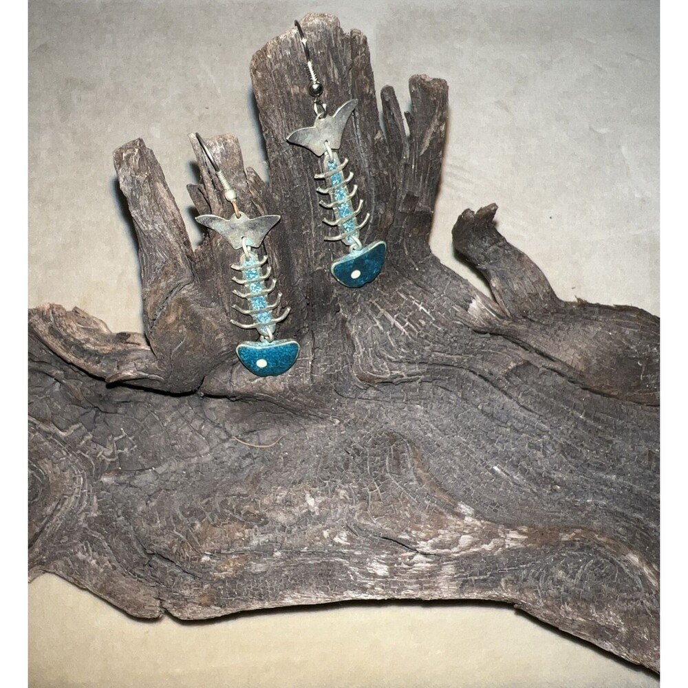 Mexico Fishbone Fish Skeleton Silver-tone Turquoise Earrings (Pair), 2”